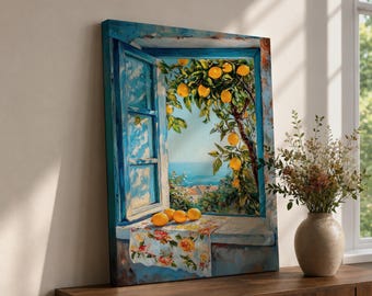 Mediterranean Lemon Canvas Print, Italian Coastal Wall Art, Lemon Tree Painting, Blue Window Canvas, Amalfi Coast Kitchen Decor