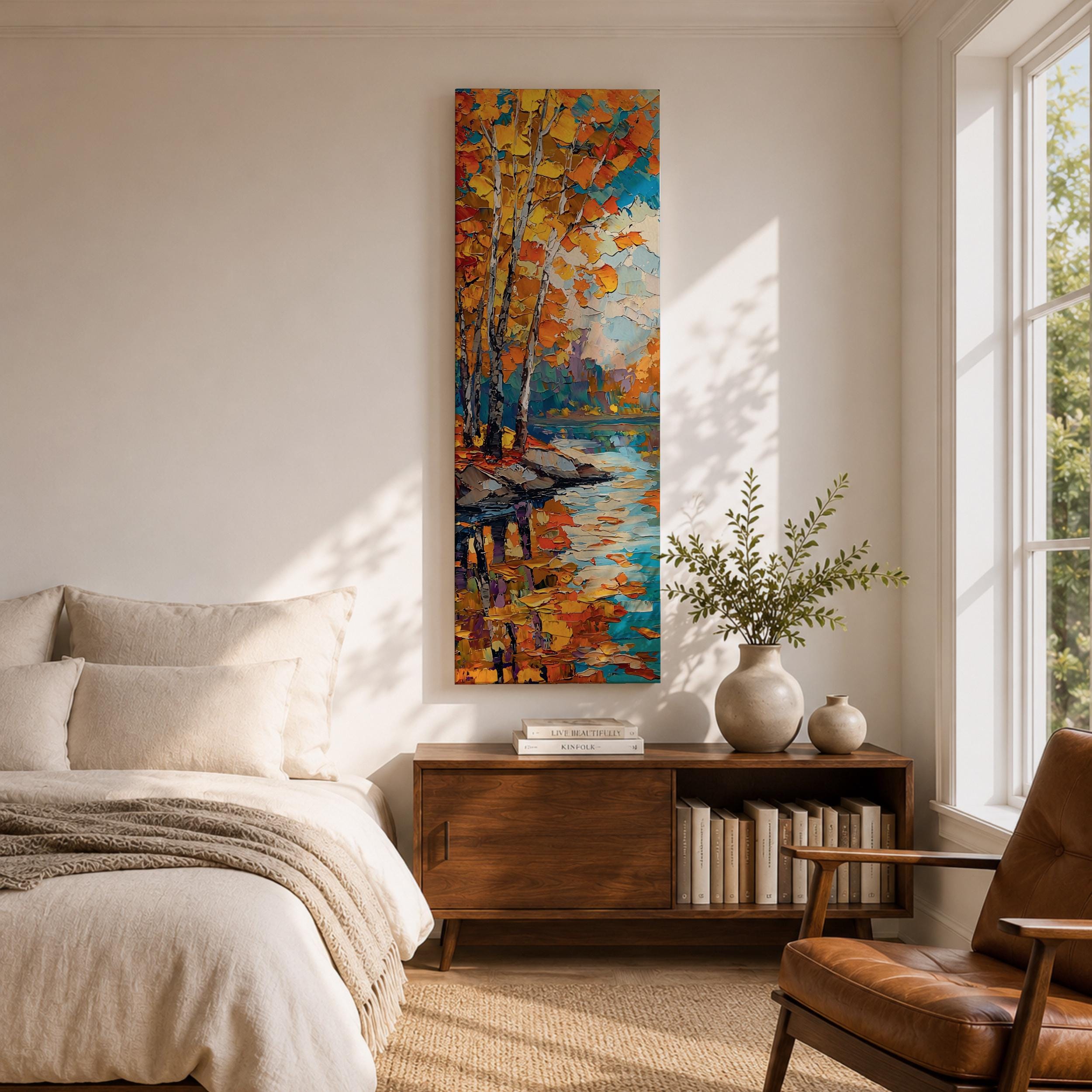 Tall Narrow Birch Tree Wall Art, Autumn Landscape Canvas Print