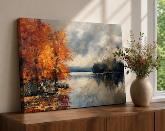Autumn Lake Wall Art Fall Foliage Framed Canvas Rustic Cabin Vintage Nature Home Decor