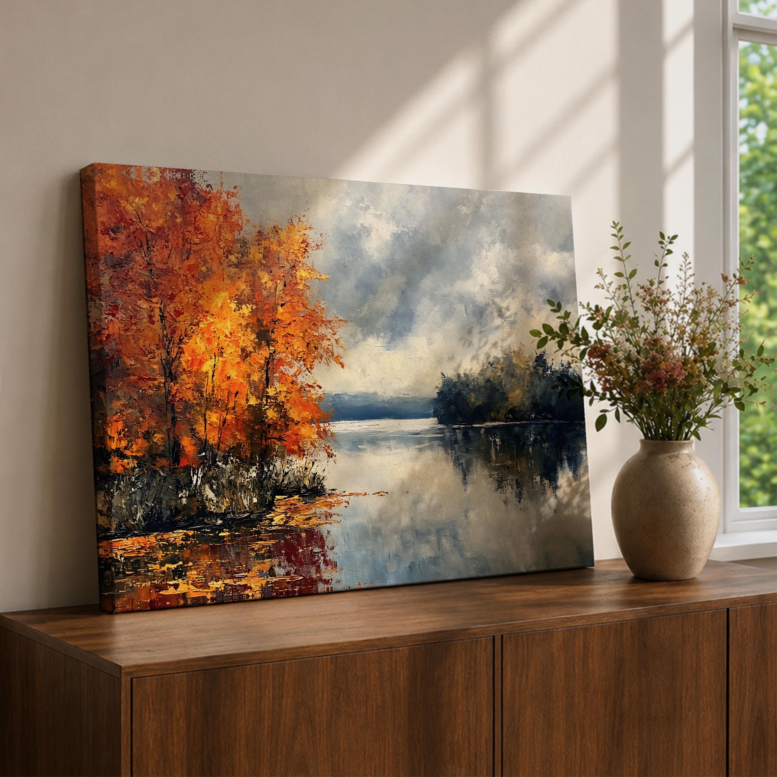 【入手困難】Art in America 2023年Fall Autumn Lake Wall Art Fall Foliage Framed Canvas Rustic Cabin