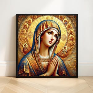 Byzantine Blessed Virgin Mary Art Print, Religious Wall Decor, Square Icon of Madonna and Child