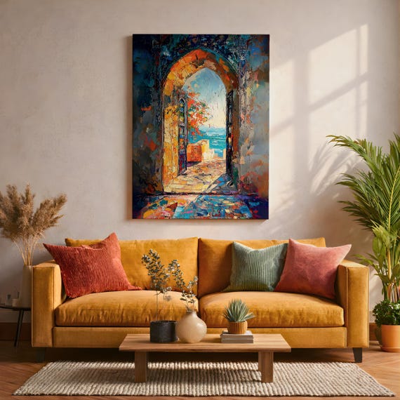 Moroccan Archway Wall Art Moorish Arch Framed Canvas Mediterranean Ocean View Living Room Decor