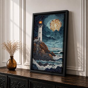 This artwork depicts a lighthouse on rocky cliffs overlooking the ocean with waves crashing below under a large glowing moon. The entire scene is rendered in a stained glass style with fragmented, colorful glass pieces forming the lighthouse, sky, moon, rocks, and sea, creating a mosaic effect.