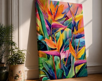 Väggkonst med paradisfågel, strelitzia, inramad canvas, tropisk, boho, blommig, botanisk, heminredning