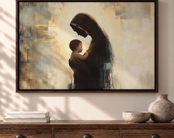 Mother Mary and Child Silhouette Canvas Print, Minimalist Catholic Wall Art, Christian Home Decor