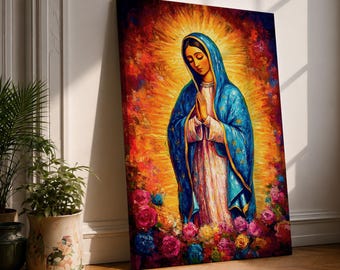 Our Lady of Guadalupe Wall Art Prayer Pose Framed Canvas Virgencita Mexican Catholic Decor