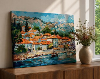 Cuadro decorativo de pueblo mediterráneo, costa dálmata, lienzo enmarcado, paisaje portuario, decoración bohemia para el hogar.