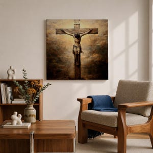 Jesus Crucifixion Wall Art Christ on the Cross Framed Canvas Vintage Christian Home Decor