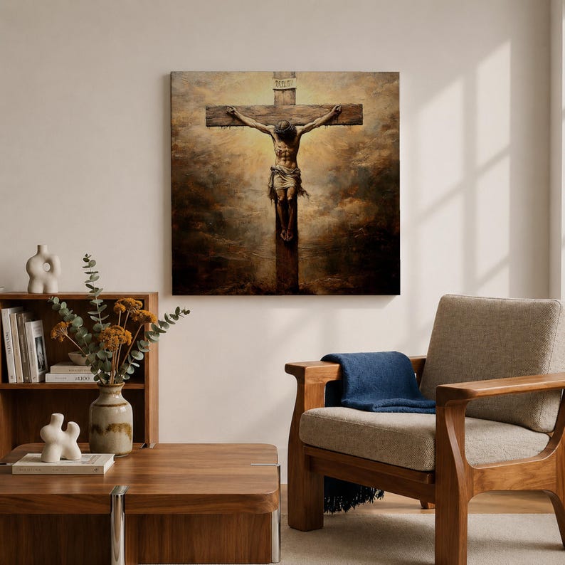 Jesus Crucifixion Wall Art Christ on the Cross Framed Canvas Vintage Christian Home Decor