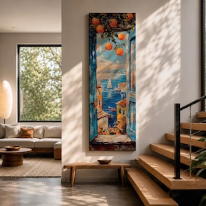 Long Narrow Mediterranean Wall Art, Tall Coastal Window Canvas, Italian Seaside Decor