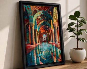 Persian Islamic Canvas Wall Art, Colorful Mosque Architecture, Middle Eastern Cultural Home Decor Print