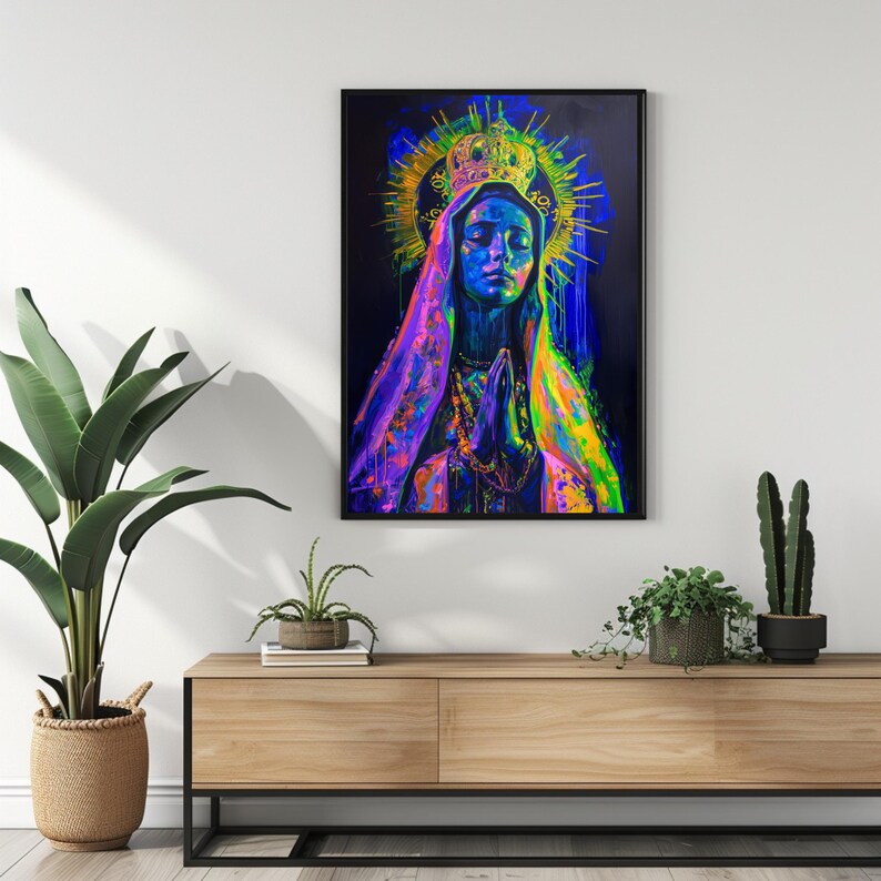 Neon Virgin Mary Wall Art Print, Vibrant Religious Poster, Printable