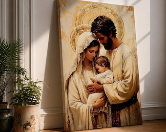 Holy Family Wall Art Jesus Mary Joseph Framed Canvas Christian Catholic Renaissance Home Decor