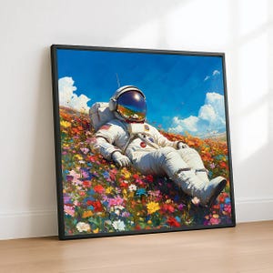 Arte mural de astronauta / Impresión de arte digital con temática espacial / Astronauta caprichoso en flores / Decoración cósmica surrealista