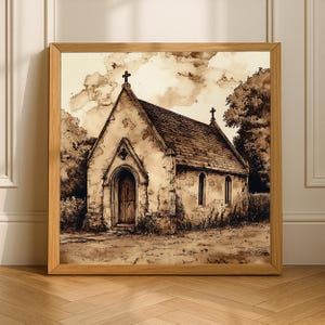 Church Art Print, Rustic Catholic Chapel Sepia Decor (Digital Download)