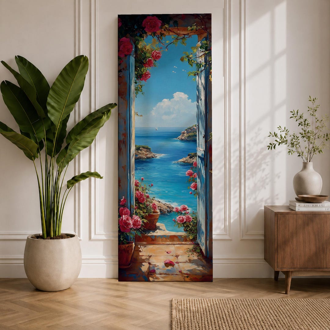 イタリアンアート SalvadoriArte #アートフレーム#壁掛けオブジェ Italian Ocean View Tall Narrow Wall Art Coastal Doorway Long