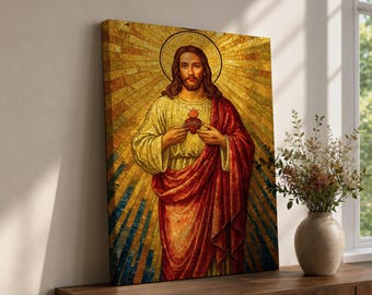 Sacred Heart of Jesus Wall Art Our Lord Framed Canvas Christian Mosaic Altar Decor