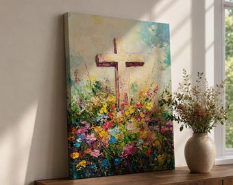 Floral Christian Cross Wall Art He Is Risen Framed Canvas Easter Faith Catholic Decor