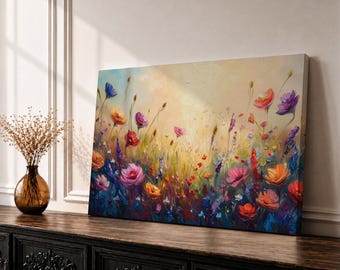 Cuadro decorativo de pradera de flores silvestres, lienzo enmarcado con estampado botánico floral para sala de estar.