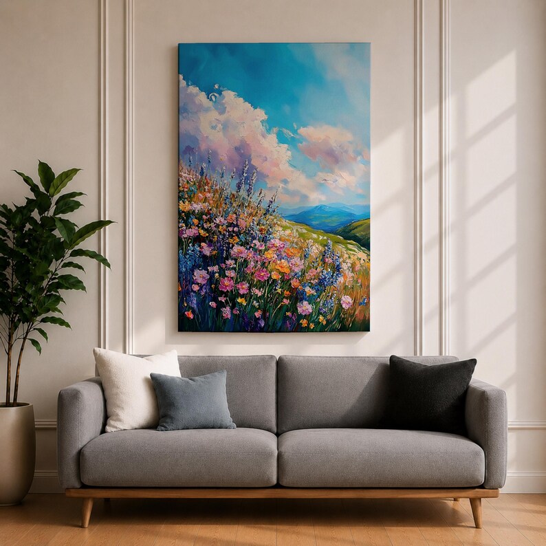 Väggkonst med vildblomsäng Botaniskt landskap Inramad canvas Impasto Landskap Bondgård Heminredning bild 2