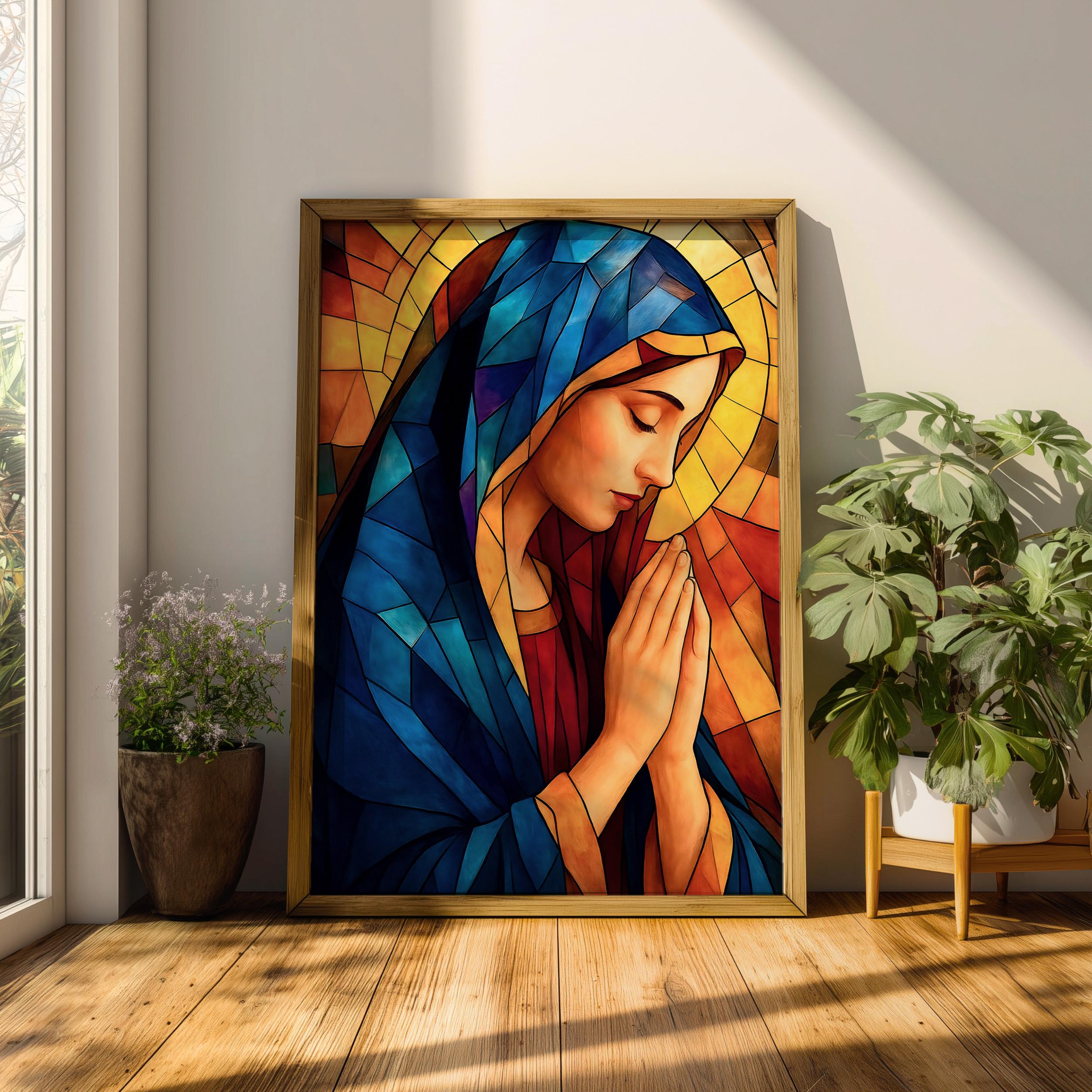 Mother Mary 木製フレーム 絵画 Virgin Mary Wall Art Prayer Pose Framed Canvas Madonna Stained