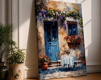 Arte de parede para pátio de café, estilo bistrô europeu ao ar livre, floral, ideal para viagens, sala de jantar e decoração de casa.
