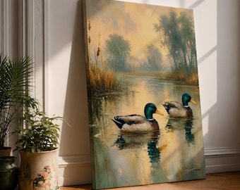 Mallard Duck Canvas Wall Art, Duck Pond Painting, Rustic Wildlife Decor, Waterfowl Artwork, Farmhouse Nature Wall Art, Hunter Cabin Decor