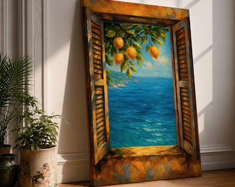 Art mural avec fenêtre citron, fenêtre méditerranéenne encadrée sur toile, paysage côtier, cuisine, décoration d'intérieur