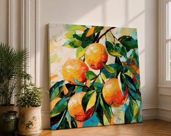 Orange Tree Canvas Wall Art, Citrus Fruit Painting Print, Colorful Botanical Wall Decor, Mediterranean Kitchen Art, Modern Fruit Canvas