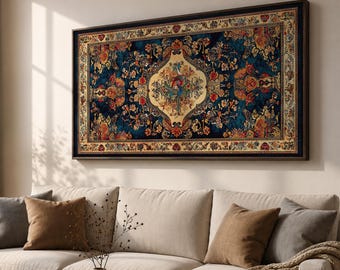 Persian Rug Canvas, Vintage Oriental Wall Art, Floral Tapestry Painting, Bohemian Home Decor