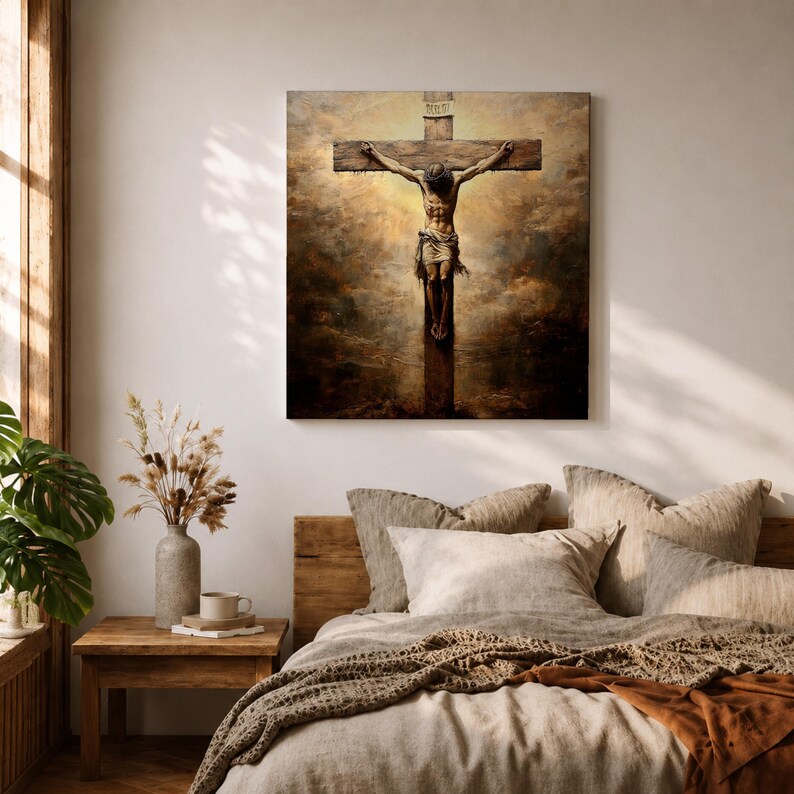 Jesus Crucifixion Wall Art Christ on the Cross Framed Canvas Vintage Christian Home Decor