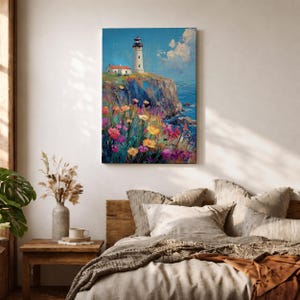 Lighthouse Wall Art, Coastal Wildflower Cliff Abstract Canvas Print, Living Room Decor image 10