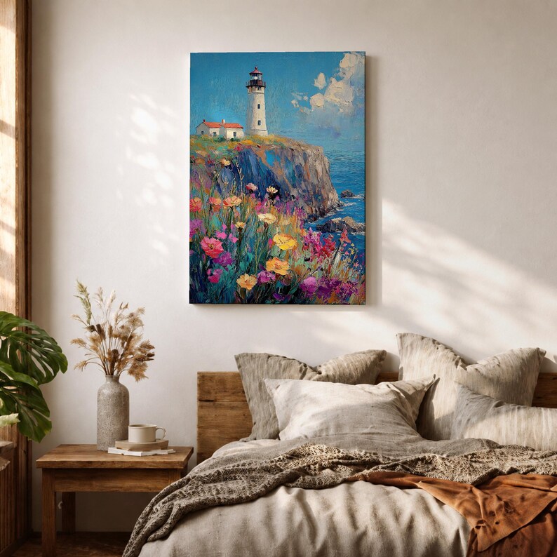 Lighthouse Wall Art, Coastal Wildflower Cliff Abstract Canvas Print, Living Room Decor image 10