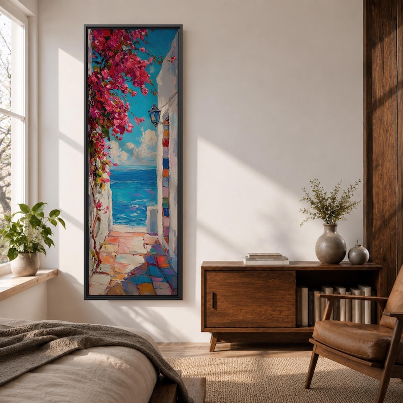Santorini Long Narrow Vertical Wall Art Greek Island Village Gift Living Room Home Decor