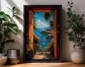 Coastal Window Wall Art Ocean View Framed Canvas Mediterranean Impressionist Coastal Decor