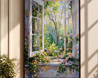 Open Window Garden Canvas Print, Impressionist Floral Painting, Colorful Spring Cottage Wall Decor