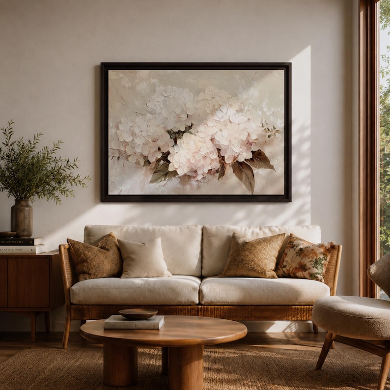 Hydrangea Wall Art Hortensia Framed Canvas Soft Bloom Botanical Vintage Floral Cottage Home Decor