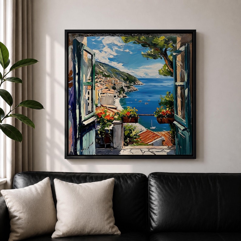 Mediterranean Window View Wall Art Coastal Seaside Framed Canvas Ocean ...