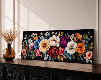 Donkere bloemen lange smalle muur kunst botanische bloemen panoramisch canvas humeurig cottage decor