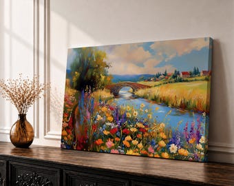 Countryside Landscape Wall Art Wildflower Meadow Framed Canvas Rustic Farmhouse Decor