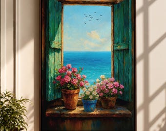 Coastal Window Canvas Print, Mediterranean Wall Art, Ocean View Painting, Beach Home Decor