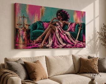 Panoramic Lady Justice Canvas Print, Luxury Fashion Painting, Feminine Lawyer Office Decor