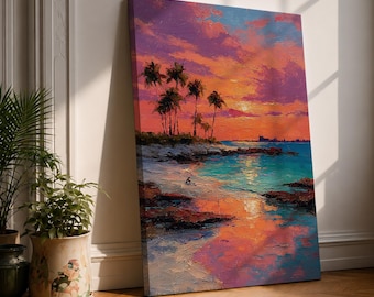 Tropical Sunset Canvas Wall Art, Colorful Beach Painting, Palm Tree Ocean Print, Coastal Wall Decor, Island Home Decor