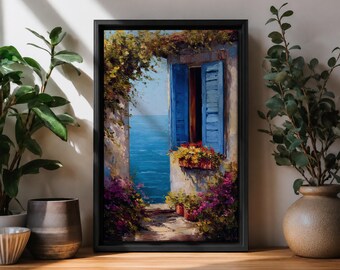Mediterranean Window Wall Art, Blue Shutters Coastal Print, Greek Seaside Decor, Italian Coastal Wall Art, Floral Ocean View Artwork