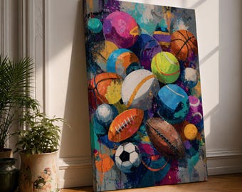 Sports Balls Wall Art Athletic Equipment Framed Canvas Colorful Expressionist Sports Decor
