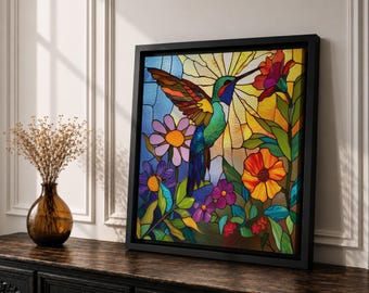 Hummingbird Wall Art Nectar Bird Framed Canvas Botanical Stained Glass Tropical Wildlife Decor
