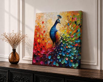Colorful Peacock Wall Art, Vibrant Bird Canvas Print, Boho Maximalist Living Room Decor Painting