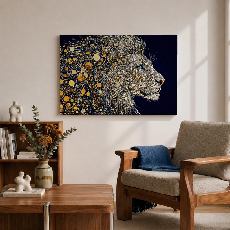 Lion Wall Art Big Cat Framed Canvas Wildlife Mosaic Majestic Safari Bedroom Decor