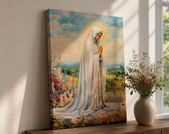 Our Lady of Fatima Wall Art Virgin Mary Apparition Framed Canvas Catholic Home Decor