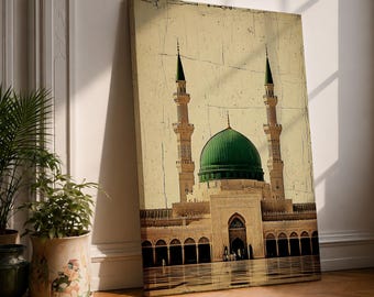 Masjid Al Nabawi Wall Art Medina Green Dome Framed Canvas Vintage Islamic Decor